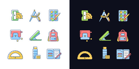 Poster - Back to school shopping light and dark theme RGB color icons set. Pencil sharpener. Drafting supplies. Isolated vector illustrations on white and black space. Simple filled line drawings pack