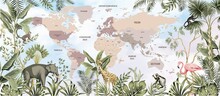 Animals World Map For Kids Wallpaper Design. A Drawn Map Of The World In Russian. Design For A Children's Room. Jungle Photo Wallpaper. Children's Wall Decor.

