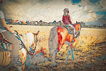 girl trains horse on a beautiful summer day and mosaic structure