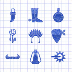 Poster - Set Indian headdress with feathers, Camping lantern, Spur, Cowboy bandana, Kayak or canoe paddle, Dream catcher, Canteen water bottle and Tooth icon. Vector