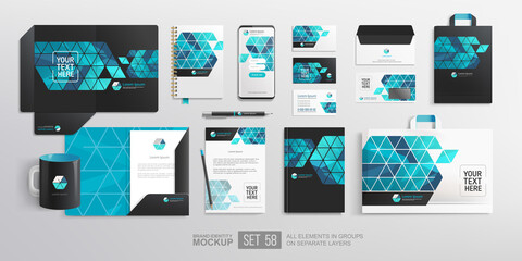realistic office stationary with corporate identity mockup set. black and blue corporate identity wi