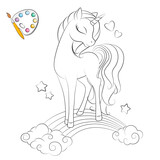 Fototapeta Pokój dzieciecy - Art. Coloring page.  Hand drawn illustration of cute little unicorn .Fashion illustration drawing in modern style. Silhouette. Colorbook.  Isolated .Children background. Magic pony. Sketch animals.