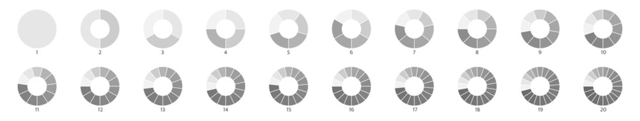 Wheel round diagram part set. Segment slice sign. Circle section graph line art. Pie chart icon. 2,3,4,5,6 segment infographic. Five phase, six circular cycle. Geometric element. Vector illustration