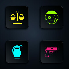 Sticker - Set Pistol or gun, Scales of justice, Hand grenade and Bandit. Black square button. Vector