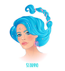 Wall Mural - Illustration of Scorpio astrological sign as a beautiful girl. Zodiac vector illustration isolated on white. Future telling, horoscope, alchemy, spirituality, occultism, fashion woman.