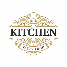 Kitchen Restaurant Vintage Ornate Typography Logo Design With Chef Hat Symbol