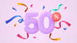 50 percent Off. Discount creative composition. 3d sale symbol with decorative confetti. Sale banner and poster.