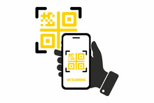 Scanning QR Code With Mobile Smart Phone. Qr Code For Payment, E Wallet , Cashless Technology Concept. Scan Me. Pictogram For Web, Mobile App, Promo. UI UX Design Element. Hand Holding Smartphone