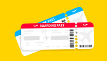 Modern Airline Tickets Design With Flight Time And Passenger Name. Plane Tickets Vector Pictogram. Airline Boarding Pass Template. Vector Illustration. The Concept Of Air Transportation