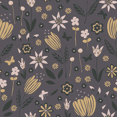 Sticker - Seamless vector pattern with flower meadow on brown background. Simple dream garden wallpaper design. Decorative vintage floral fashion textile.