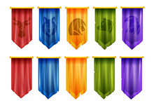 Game Team Flag Set, Vector Medieval Battle UI Cloth Banner, Knight Royal Pennant, ESport Victory Logo. Heraldic Coat Of Arms Sign Kit, User Interface League Animal Mascots. Ancient Fantasy Game Flag