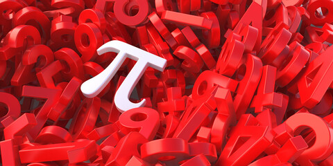 Wall Mural - Pi, Greek letter, constant irrational number. White color pi on red numbers stack, 3d illustration