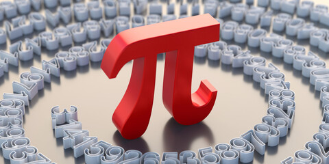 Pi symbol and number digits. Greek letter, mathematical sign and decimal sequence. 3d illustration