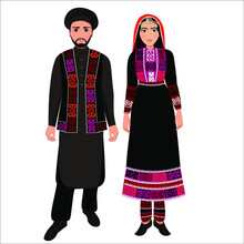 Woman And Man In Folk National Afghan Costumes. Vector Illustration