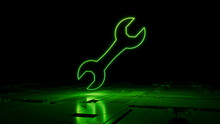 Green Configure Technology Concept With Tool Symbol As A Neon Light. Vibrant Colored Icon, On A Black Background With High Tech Floor. 3D Render