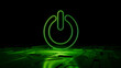 © RocknRoller Studios - Green neon light power icon. Vibrant colored Activate technology symbol, on a black background with high tech floor. 3D Render