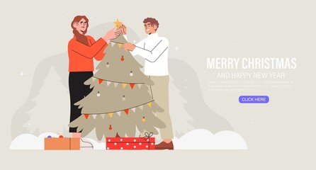 Wall Mural - Cute smiling people decorating Christmas tree with baubles, garlands and gifts. Team members or couple preparing for holiday celebration office or home. Vector illustration in flat cartoon style.