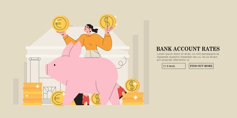 Banking operations, payment , currency exchange, check account, manage deposit or cash money concept for web or ui design. Woman or female character with piggy bank desiding which currency to choose.