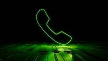 Green Communication Technology Concept With Phone Symbol As A Neon Light. Vibrant Colored Icon, On A Black Background With High Tech Floor. 3D Render