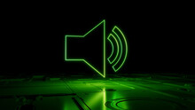 Green Sound Technology Concept With Audio Symbol As A Neon Light. Vibrant Colored Icon, On A Black Background With High Tech Floor. 3D Render