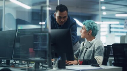 Poster - Teamwork In Diverse Office: Project Manager Talks with Creative Solutions Specialist, They Discuss Design Shown Desktop Computer. Professionals Create Modern Content, e-Commerce Social Media Strategy