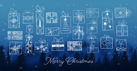 Wall Mural - Collection of christmas doodle gift boxes on winter night sky background