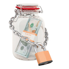 Poster - Dollar pack inside glass jar with chain and padlock. Financial insurance concept. 3D rendering