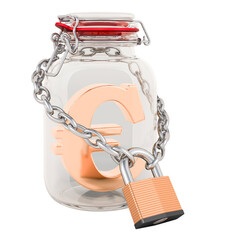 Poster - Euro symbol inside glass jar with chain and padlock. Financial insurance concept. 3D rendering