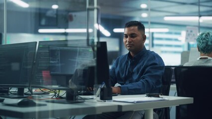 In Diverse Office: Portrait of Handsome Indian Man Working on Desktop Computer. Professional Programmer Creates Innovative Software, Modern App Design. Stylish Multi-Ethnic Authentic Workplace