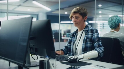 Poster - Diverse Body Positive Office: Portrait of Motivated Woman with Disability Using Prosthetic Arm to Work on Computer. Professional with Advanced Thought Controlled Body Powered Myoelectric Bionic Hand
