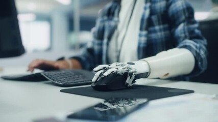 Poster - Inclusive Office: Person with Disability Using Prosthetic Arm to Work on Computer. Professional with Advanced Thought Controlled Body Powered Myoelectric Bionic Limb to Control Mouse. Focus on Hands