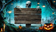 © Romolo Tavani - Halloween Party Card - Pumpkins And Skeleton In Graveyard At Night With Wooden Board
