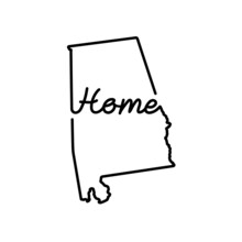 Alabama US State Outline Map With The Handwritten HOME Word. Continuous Line Drawing Of Patriotic Home Sign