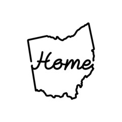 Poster - Ohio US state outline map with the handwritten HOME word. Continuous line drawing of patriotic home sign