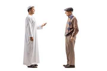 Poster - Full length profile shot of a young arab person talking to an elderly man