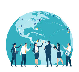 Wall Mural - Global trade, investing. Business vector illustration. The team discusses in front of globe.
