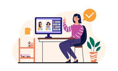Poster - woman using computer. employee communicates with colleagues via video link. remote, teleworking, con