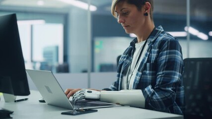 Poster - Diverse Body Positive Office: Portrait of Motivated Woman with Disability Using Prosthetic Arm to Work on Computer. Professional with Futuristic Thought Powered Myoelectric Bionic Hand