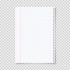 Wall Mural - Realistic blank lined paper sheet in A4 format on transparent background. Notebook page, document. Design template or mockup. Vector illustration.