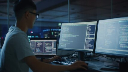 Poster - Night Office: Young Japanese Man in Working on Desktop Computer. Digital Entrepreneur Typing Code, Creating Modern Software, e-Commerce App Design, e-Business Programming. Over Shoulder