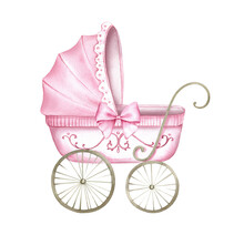 Pink Stroller For Baby Girl.Watercolor Hand Painted Illustrations Isolated On White Background.
