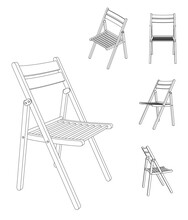 Vector Illustration Of Folding Chair With Different Views, Outline