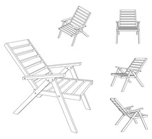 Vector Illustration Of Folding Chair With Different Views, Outline