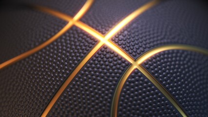 Wall Mural - Basketball ball background. Close up of black basketball ball with golden glowing line and dimple texture. Depth of field. 3d rendering