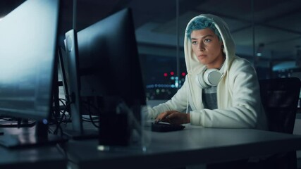 Poster - Late at Night in Office: Portrait of Young Stylish Freelancer Woman Working on Desktop Computer. Blue Haired Person Creating Modern Content, Do Project Design, Create Colorful Marketing and Smile