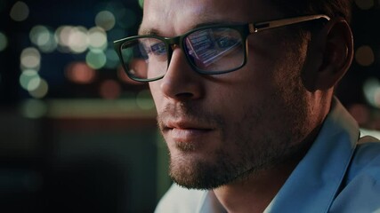 Leinwandbilder - Portrait of Handsome Startup Digital Entrepreneur Working on Computer, Line of Code Reflecting in Glasses. Developer Working on Innovative e-Commerce Application using AI Algorithm to use Big Data