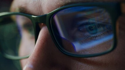 Poster - Super Close-up Portrait of Software Engineer Working on Computer, App Reflecting in Glasses. Digital Developer Working on Innovative e-Commerce Application with Machine Learning, AI, Big Data