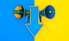 3d Arrow Icon Pointing Down With Megaphone On Blue And Yellow Combined Background. Business Finance Crisis Concept. Symbol Of Falling Money. Bad News. Low Volume