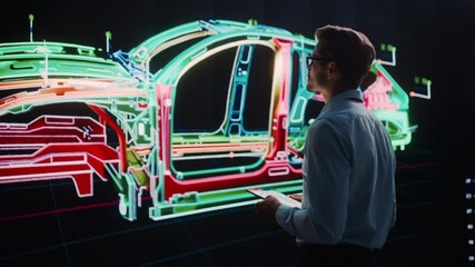 Poster - Innovative Green Energy Startup: Engineer Designing Electric Car Using Tablet Computer and Big Wall Screen to Analyse Prototype. Concept for Sustainable Environmnetally Friendly Zero Emissions Vehicle