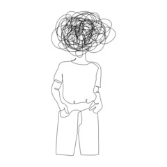 Poster - Continuous one line drawing of a woman with confused messy feelings worried about bad mental health. Problems, stress, sad and depression concept in doodle style. Liner Vector illustration